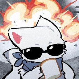 The boykisser cat with sunglasses drinking from a mug going away from an explosion