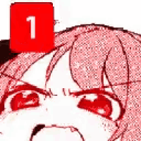 An anime girl annoyed at the ping symbol with a red deepfried overlay.