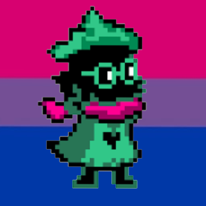 A snippet of the Ralsei character from Deltarune on top of a bisexual flag