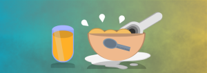 An illustration of a spoon in a bowl of cereal with a glass of juice