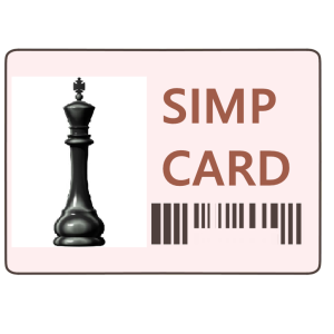 A pink card with the text "SIMP CARD" in bold, a barcode below and a king piece in the photo area
