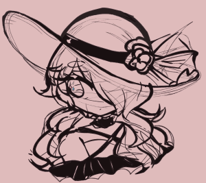 A black and white illustration of a girl with longer hair with a beach hat in a sun dress