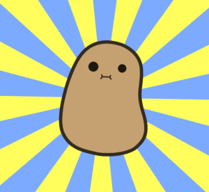 A picture of a potato with a neutral expression over a yellow and blue radial burst background.