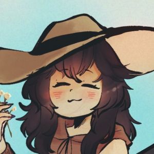 A drawing of NotBaltic done by justafan.toru depicting her roblox avatar: a white-ish girl with black hair wearing a brown shirt and beach hat