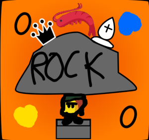 A big rock in the center with a queen and bishop on top of it, on top of a general Lemango surrounded by zeros, a shrimp, a yellow heart and a blue heart, all on top of a orange background